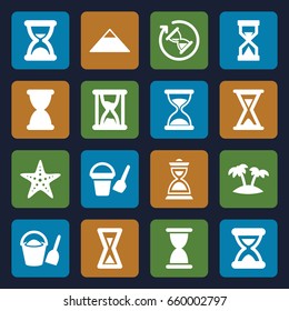 Sand icons set. set of 16 sand filled icons such as pyramid, bucket toy for beach, hourglass, palm, starfish