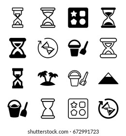 Sand icons set. set of 16 sand filled and outline icons such as pyramid, bucket toy for beach, from toy for beach, hourglass, palm