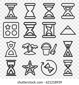Sand icons set. set of 16 sand outline icons such as pyramid, bucket toy for beach, from toy for beach, hourglass, palm