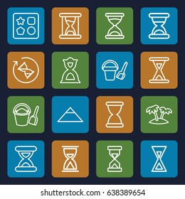 Sand icons set. set of 16 sand outline icons such as pyramid, bucket toy for beach, from toy for beach, hourglass, palm