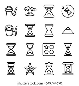 Sand icons set. set of 16 sand outline icons such as pyramid, bucket toy for beach, from toy for beach, hourglass, palm, starfish