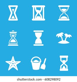 Sand icons set. set of 9 sand filled icons such as hourglass, palm, starfish