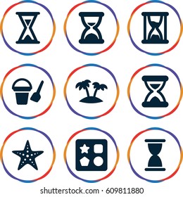 Sand icons set. set of 9 sand filled icons such as bucket toy for beach, from toy for beach, palm, hourglass