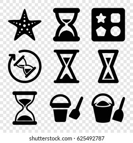 Sand icons set. set of 9 sand filled icons such as bucket toy for beach, from toy for beach, hourglass, starfish