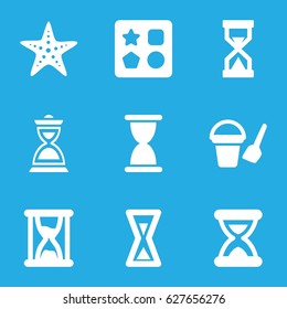Sand icons set. set of 9 sand filled icons such as bucket toy for beach, from toy for beach, hourglass