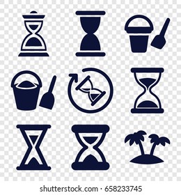Sand icons set. set of 9 sand filled icons such as bucket toy for beach, hourglass, palm