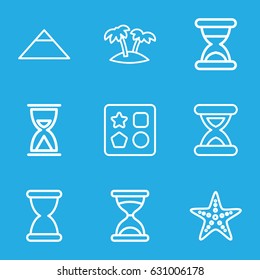 Sand icons set. set of 9 sand outline icons such as pyramid, from toy for beach, hourglass, palm