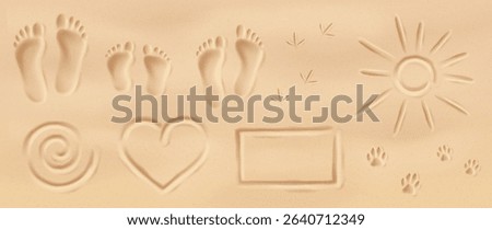 Sand imprints featuring human and animal footprints with symbols. Beige tones convey a sense of warmth. Ideal for summer themes or travel inspirations.