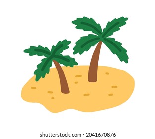 Sand island with palm trees. Tropical deserted uninhabited land with exotic plants and sandy beach in doodle style. Flat vector illustration isolated on white background