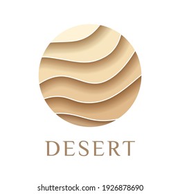 Sand logo,dunes,icon beach,sign desert abstract pattern of wavy lines in beige gold color paper cut background.Logo template,badge,label,stamp,pictogram for tourism,travel,arabian landscape.Vector