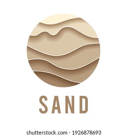 Sand logo,dunes,icon beach,sign desert abstract pattern of wavy lines in beige gold color paper cut background.Logo template,badge,label,stamp,pictogram for tourism,travel,arabian landscape.Vector