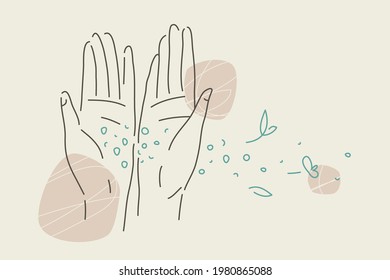 Sand and petals trickle through fingers. Linear illustration with female open palms and flying particles. Modern linear hand-drawn aesthetic. Vector design.
