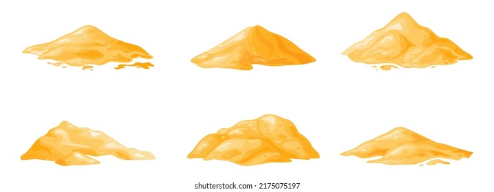 Sand pile, heap, sandy dune isolated on white background. Decorative design element of manufacturing material. Cartoon vector illustration.