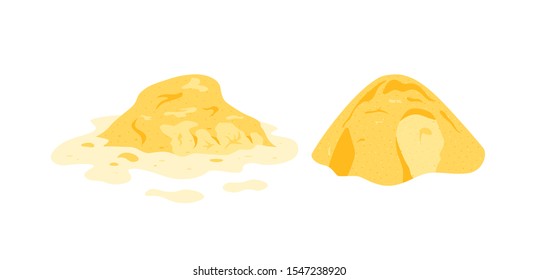 Sand pile icons isolated on a white background. Yellow dune in a desert, on a beach, at a construction site or playground. Vector illustration in flat style.