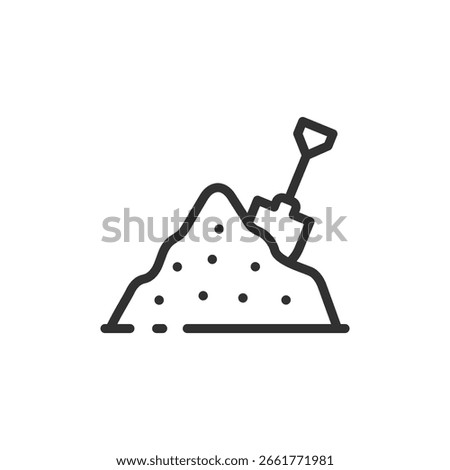 Sand pile with shovel, linear icon. Building, construction, or play. Line with editable stroke.