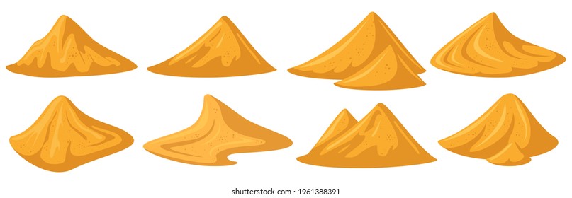 Sand piles. Yellow sandy heap, construction building material piles, bulk construction materials heaps. Sandy mounds vector illustration set. Heap and pile dry, dusty substance yellow, sandy grit