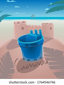 Juego de arena, vector 3d del castillo de arena. Vacaciones de verano. Escenario de playa con baldes y palas en el fondo del mar. Islandia tropical. 