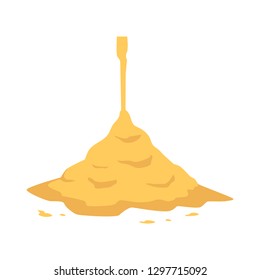 Sand pouring on big heap in flat style isolated on white background - vector illustration of falling down yellow crumbly powder. Cement pile or sandy mound for building or beach leisure concept.