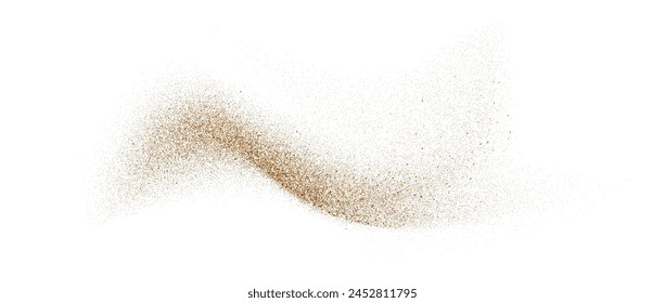 Sand powder splash. Flowing dust speckles and particles wave texture. Ground grain scatter element. Gritty explosion wind shape for overlay, poster, banner, brochure, leaflet. Vector sandy background