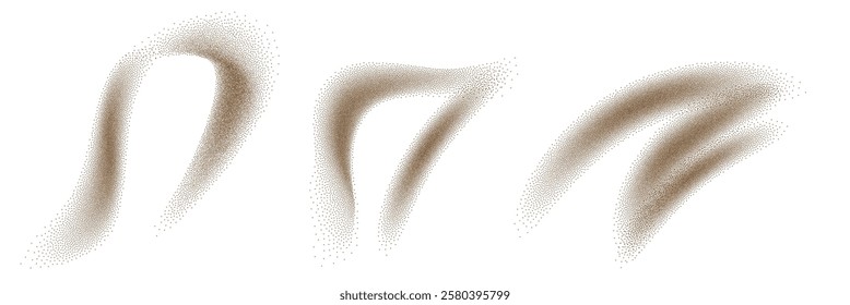 Sand powder splashes. Flying coffee or chocolate powder. Brown dust particles in motion isolated on transparent background. Abstract vector illustration set