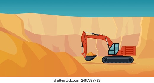 Cantera de arena con una excavadora. Horizontal Imagen de paisaje industrial en estilo de dibujos animados. Ilustración vectorial.