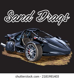 sand racing car on black background for poster, t-shirt print, business element, social media content, blog, sticker, vlog, and card. vector illustration.