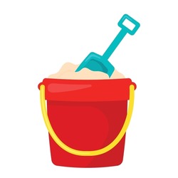 Sand In Red Bucket With Blue Shovel. Kid Toys For Building Sand Castle In Beach Vacation. Summer Doodle Icon Vector Illustration Isolated On White Background