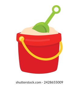 Sand in red bucket with blue shovel. Kid toys for building sand castle in beach vacation. Summer doodle icon vector illustration isolated on white background