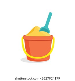 Sand in red bucket with shovel isolated on white background. Kids toys for building sand castle.  Beach vacation. Summer vector icon.