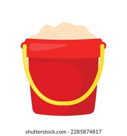 Sand in red bucket with yellow handle. Kid toys for building sand castle in beach vacation. Summer doodle icon vector illustration isolated on white background