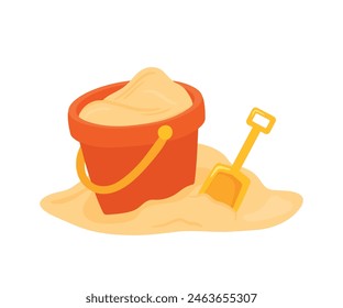 Sand in red bucket with yellow shovel. Kid toys for building sand castle in tropical summer beach vacation. Summer doodle icon vector illustration isolated on white background