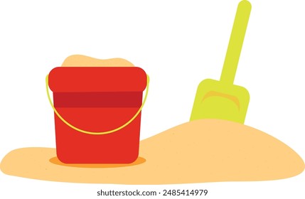 Sand in red bucket with yellow shovel. Kid toys for building sand castle in beach vacation. Summer doodle icon vector illustration isolated on white background