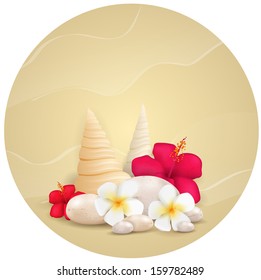 Sand round background with pebble stones, seashells and tropical flowers