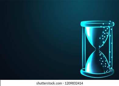 Sand running through the bulbs of an hourglass measuring the passing time in a countdown to a deadline, Polygonal wire frame mesh looks like constellation on dark blue night sky with dots and stars