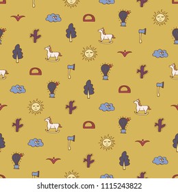 Sand seamless pattern with horses, cactuses, trees and axes.
