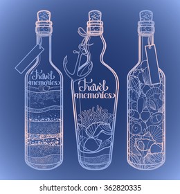 Sand and seashells in bottles.  Travel memories collection. Vector marine design in blue and pink colors