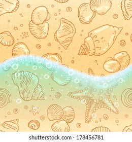 Sand with seashells and wave vector seamless pattern