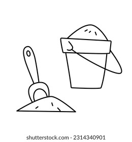 Sand shovel and bucket, children toy doodle hand drawn style contour line drawing. Kid play at sandbox tools. Outline black and white vector illustration on white background for coloring book pages.