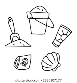 Sand shovel, bucket, sunscreen cream tube, sea shell and children swimmimg armbands. Hand drawn style doodle line drawing. Vacation with kids black and white vector elements on white background.