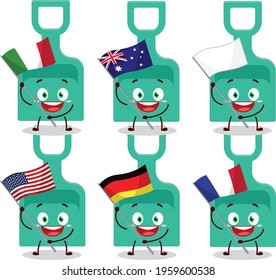 Sand shovel cartoon character bring the flags of various countries