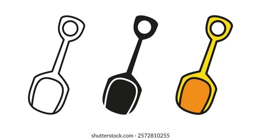 Sand shovel icon. Gardening scoop vector illustration. Kids sandbox toy symbol. Digging trowel sign. Snow spade pictogram. Plastic yellow shovel isolated concept outline, line and black.