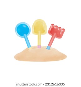 Sand and shovel with rake toy watercolor cartoon on white background vector illustration