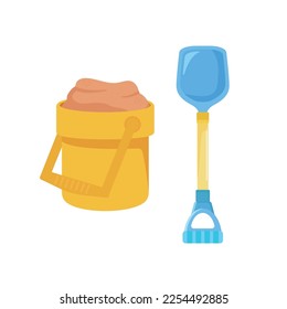 Ilustración vectorial de herramienta de juguete de pala de arena sobre fondo blanco. Cubo de arena amarillo y juguete de pala de arena para que los niños jueguen en la playa. ¡Que tengas un verano divertido!