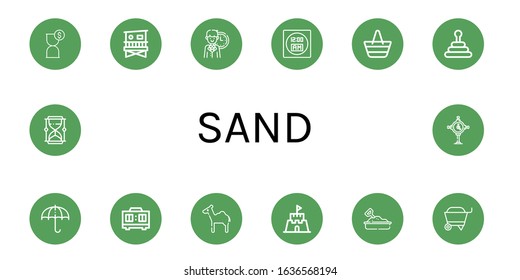 sand simple icons set. Contains such icons as Hourglass, Lifeguard tower, Clock, Digital clock, Beach bag, Pyramid, Sun umbrella, Timer, Camel, can be used for web, mobile and logo