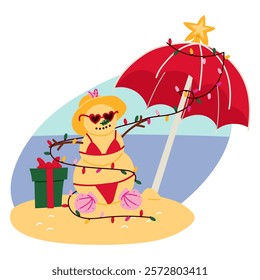 A sand snowman on the beach with an umbrella and a garland. Christmas holidays at the beach. A postcard celebrating New Year and Christmas on a sunny beach. Sand, shells, sun umbrella