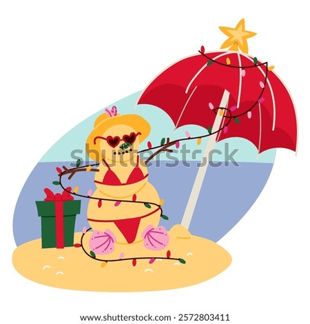 A sand snowman on the beach with an umbrella and a garland. Christmas holidays at the beach. A postcard celebrating New Year and Christmas on a sunny beach. Sand, shells, sun umbrella