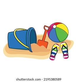 Sand Spilled From The Basket With Sandpit Kit, Ball And Slippers Vector Logo Icon Design Illustration