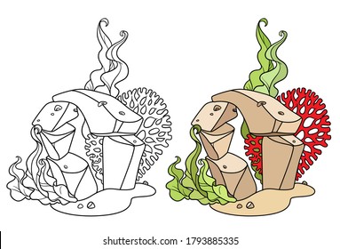 Sand stone arch with algae and red coral coloring book linear drawing isolated on white background