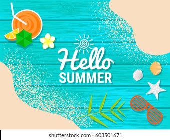 Sand, sunglasses, orange juice and shell on blue wooden for summer concept