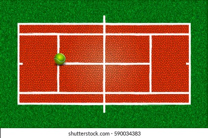 Sand tennis court and ball on green grass background. Vector illustration
